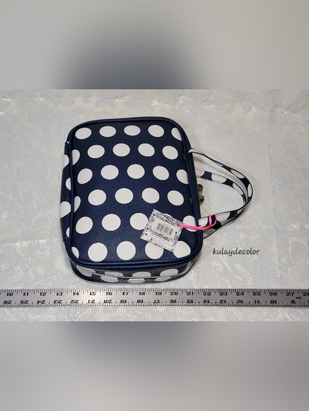 Dabney Lee Navy Blue White Polka Dot Cosmetic Travel Large Toiletry Bag Zip Tote - Picture 11 of 16